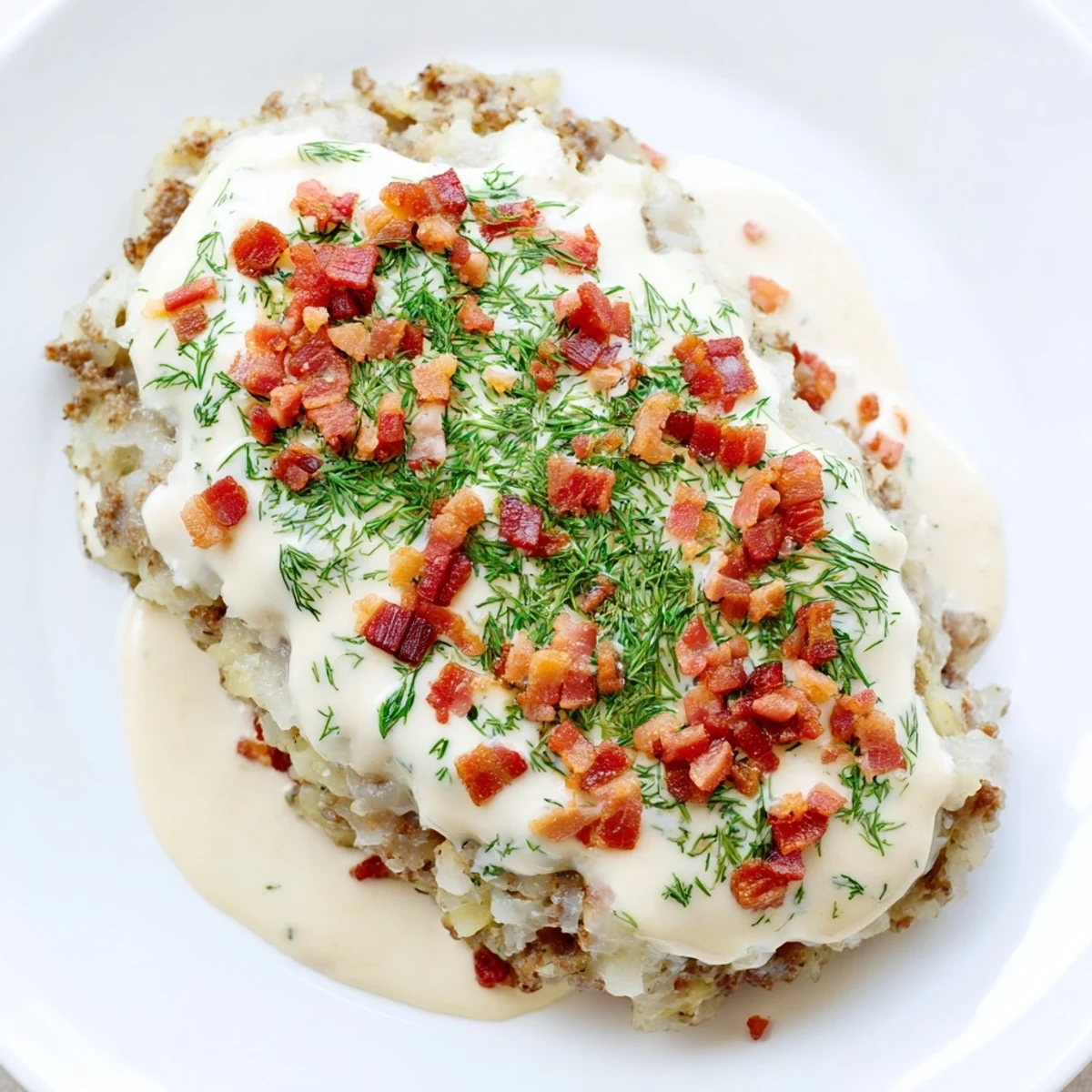 Hearty Lithuanian Cepelinai: fluffy potato dumplings swimming in a rich sour cream and bacon sauce.