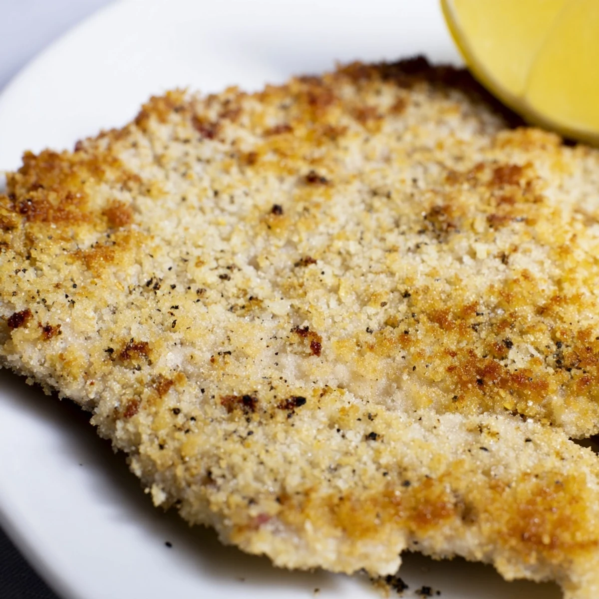 Golden-brown German schnitzel cutlet, crispy fried and ready to be drizzled with fresh lemon.