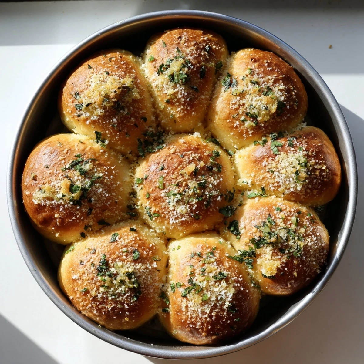 A close-up of golden Garlic Butter Bread Pull-Apart rolls, steam rising from the soft, fluffy interiors, ready to be served alongside tomato soup.