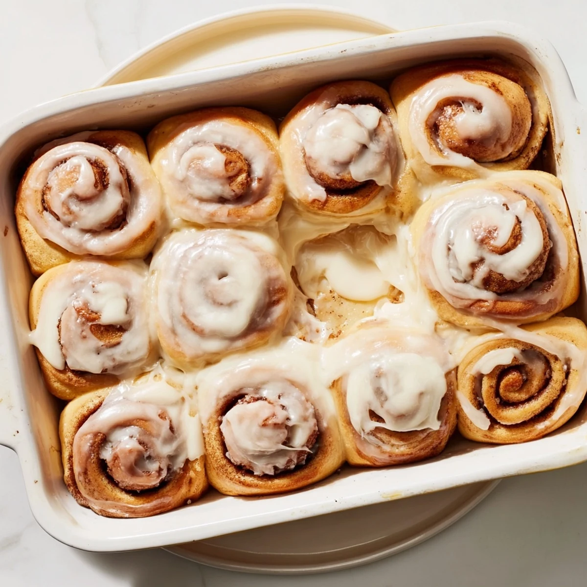 Freshly baked Pillow Soft Cinnamon Rolls with a creamy glaze, served warm on a rustic plate.  