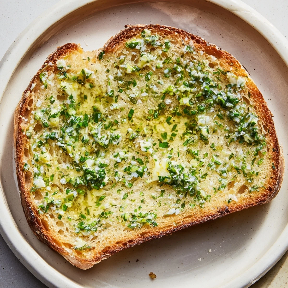 Freshly toasted artisan bread slices with creamy compound herb butter melting over golden edges.