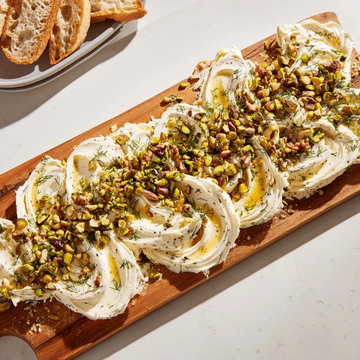 Creamy Flavored Butter Board Charcuterie spread on a wooden board with chopped nuts, fresh herbs, and honey.  