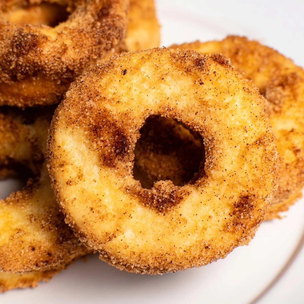 Freshly air-fried cinnamon sugar donuts, golden brown and fluffy, arranged on a rustic wooden board.