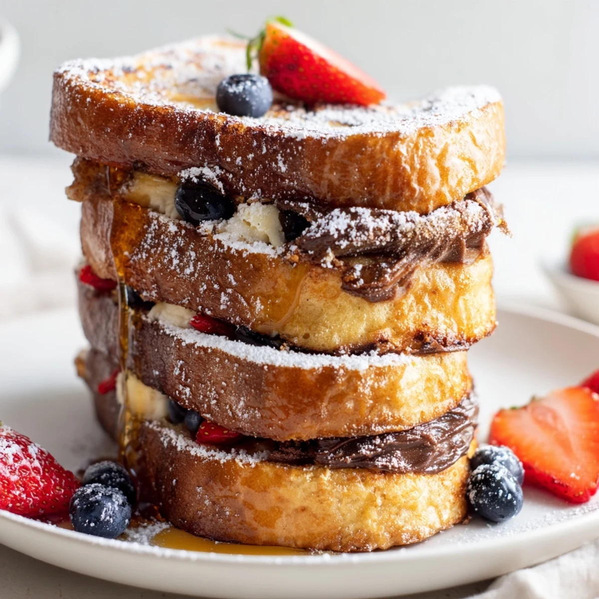 Plated Nutella Brioche French toast with a drizzle of maple syrup, perfect for a decadent weekend brunch.