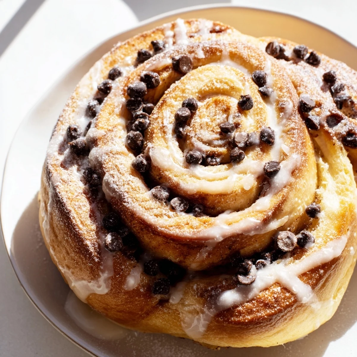 Golden-brown Nutella Chocolate Chip Rolls fresh from the oven, drizzled with white icing and sprinkled with extra chocolate chips on a rustic wooden board.