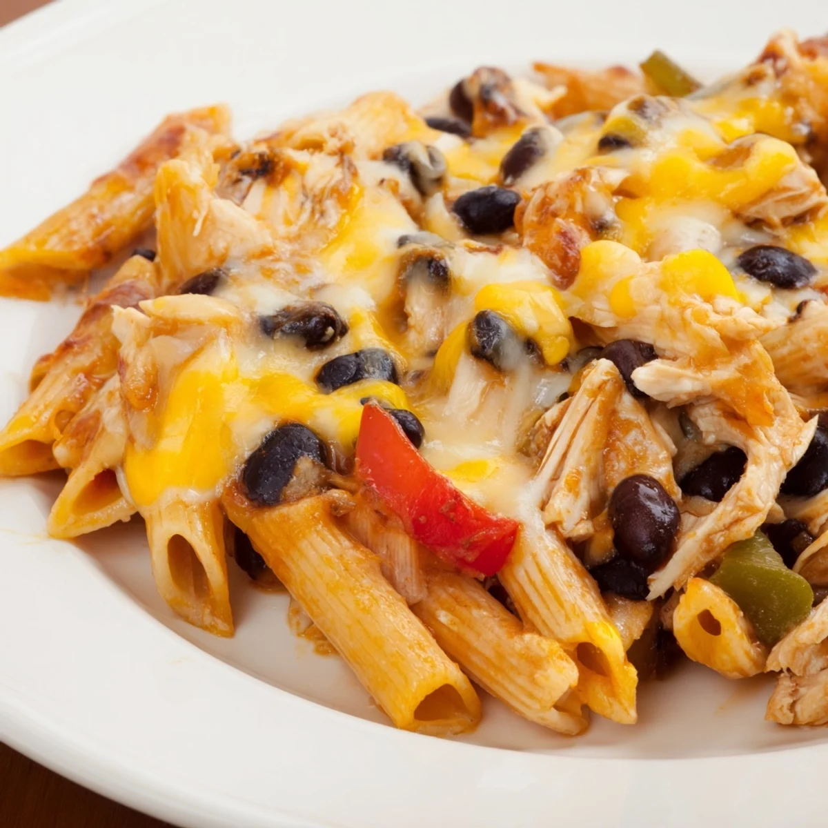 Gooey melted cheese blankets a skillet of Chicken Enchilada Pasta, with black beans and penne tossed in a rich red sauce.
