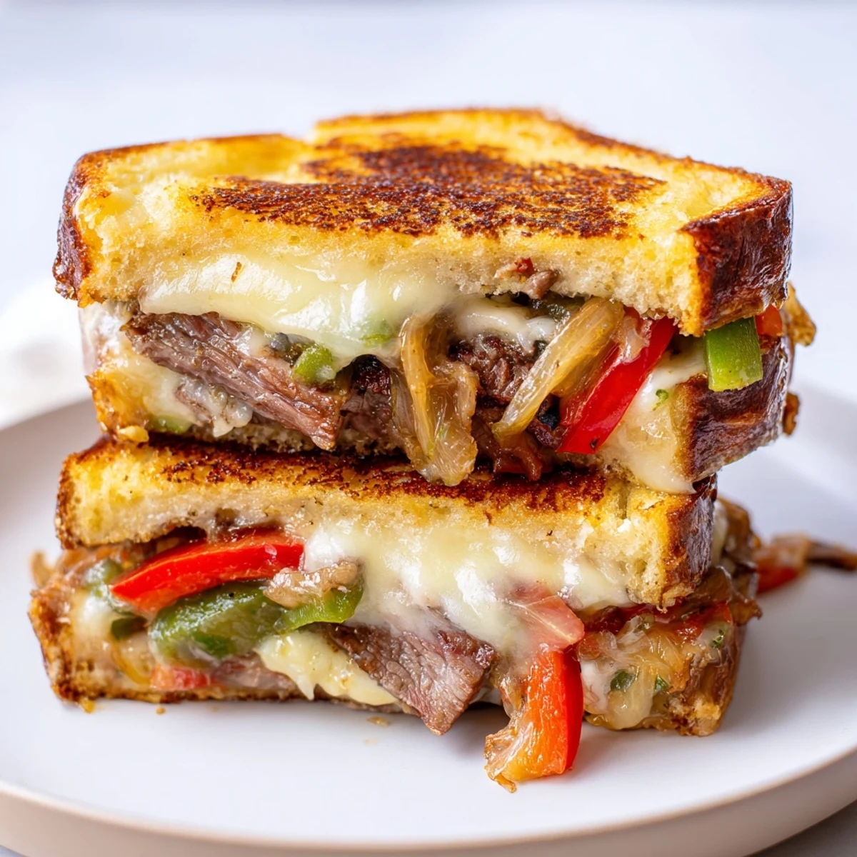Golden, buttery sourdough slices enveloping a hearty filling of seared ribeye strips, sautéed peppers, onions, and melted provolone, creating a delicious Philly Cheesesteak Grilled Cheese.