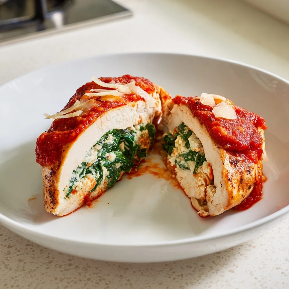 Golden-brown baked spinach ricotta stuffed chicken breasts bubbling in rich tomato sauce, ready to serve as a comforting Italian-inspired main dish.