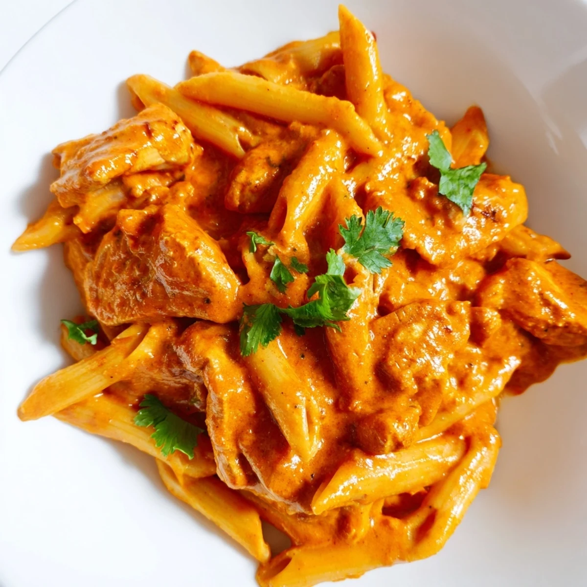 Tender chicken tikka and penne tossed in a spiced tomato cream sauce, ready to serve hot.