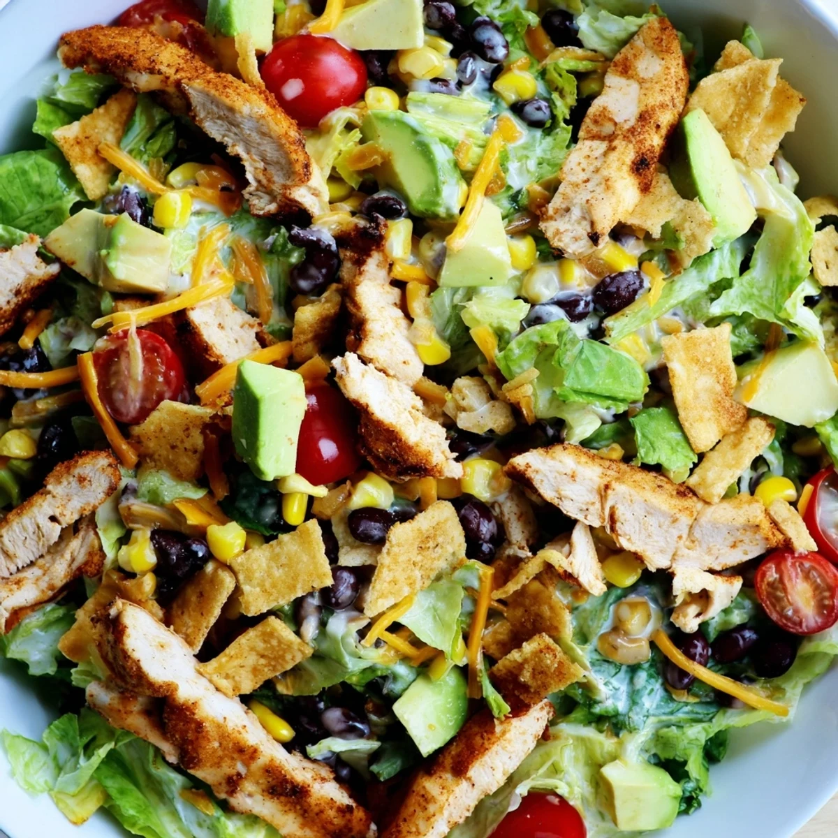 Chopped romaine and tomato salad tossed with taco chicken, crunchy shells, and a drizzle of zesty dressing.
