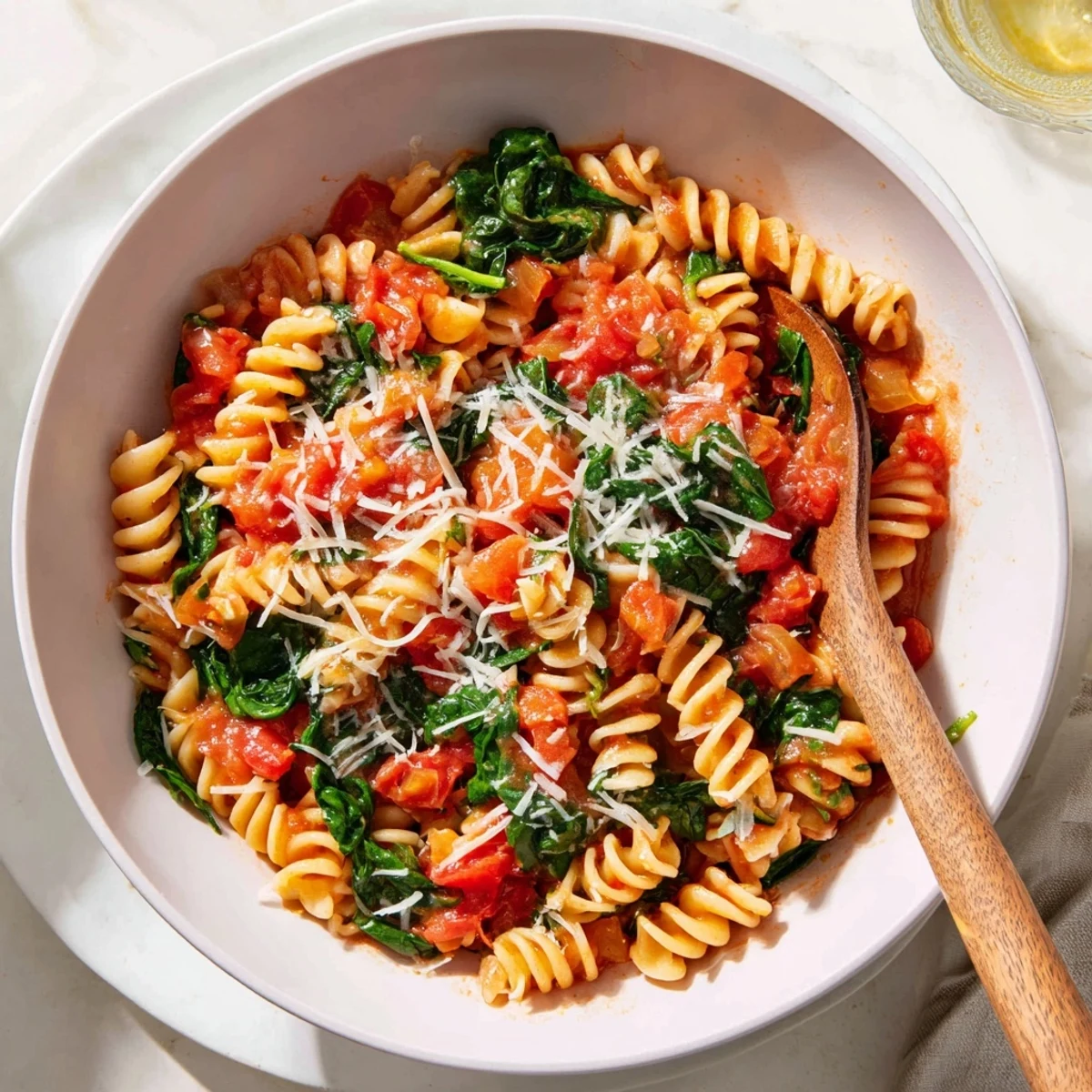Fork twirling through al dente rotini in a single pot, loaded with juicy tomatoes and wilted spinach.