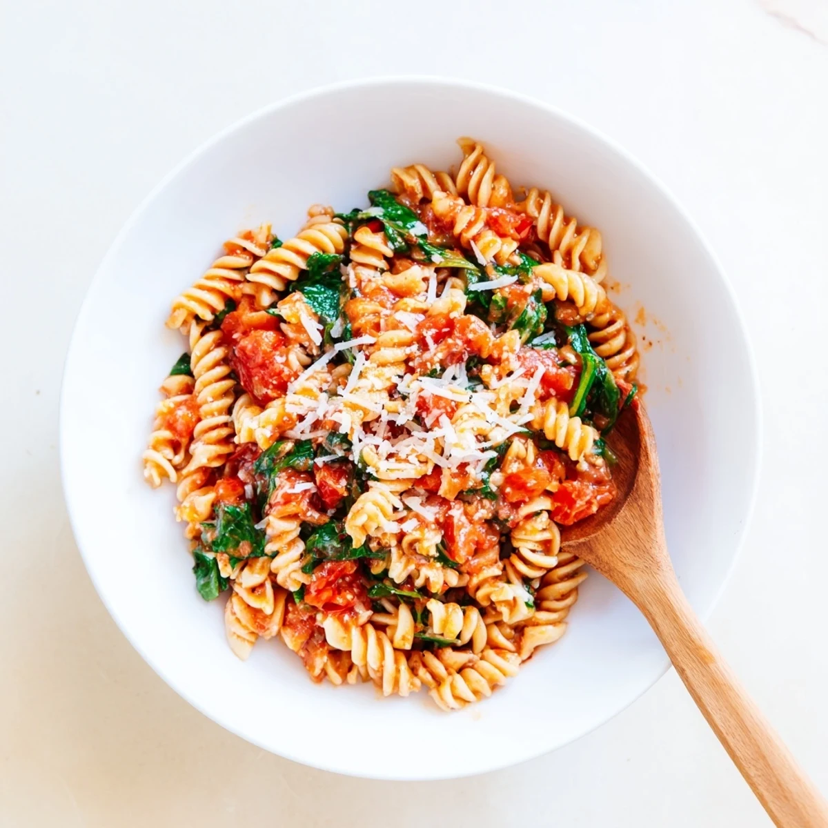 Steaming bowl of Tomato Spinach One-Pot Rotini with melted Parmesan, served beside crusty bread for dipping.