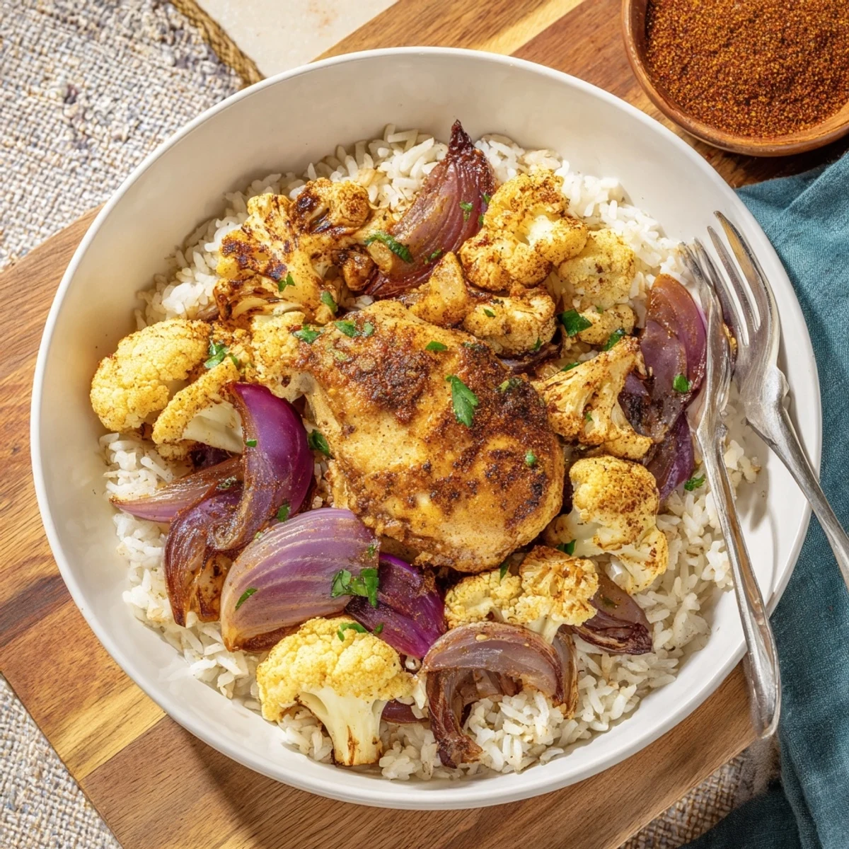 A close-up of the Roasted Cauliflower Chicken Sheet Pan showing paprika-spiced chicken nestled among caramelized cauliflower and onions.