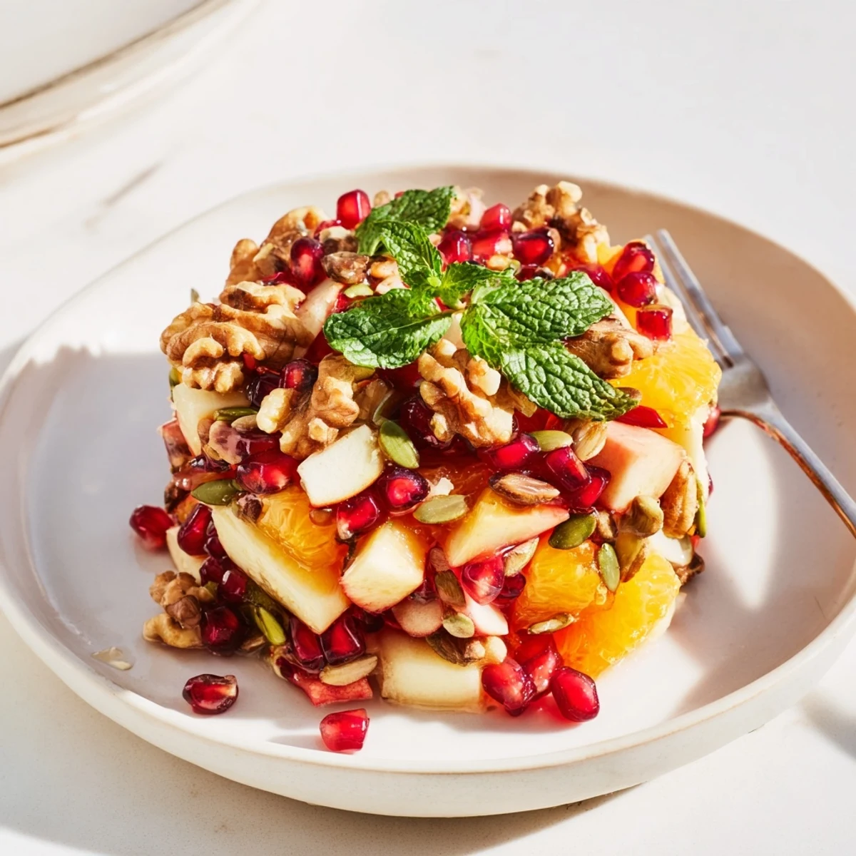 Colorful pomegranate and walnut salad with crisp apples, juicy oranges, and a light honey-lemon dressing on a wooden table.  