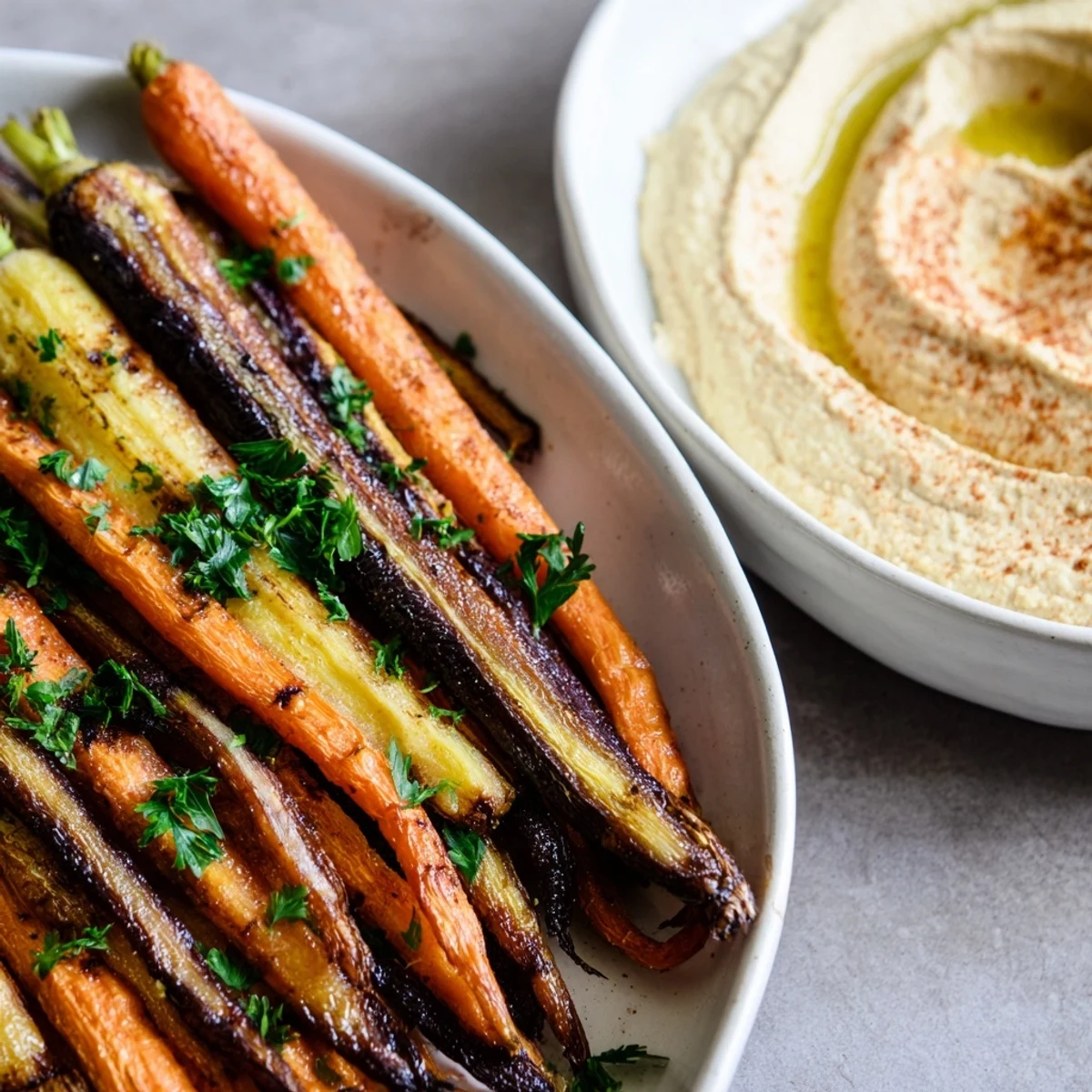 Colorful roasted rainbow carrots arranged over creamy hummus, perfect for a vegan snack platter at a Mediterranean-style gathering.