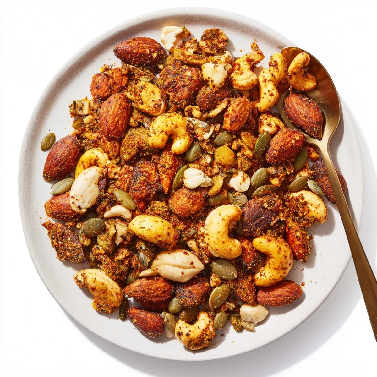 A close-up view of Spiced Nuts and Seeds Mix reveals perfectly roasted pepitas and sunflower seeds, lightly dusted with fragrant cinnamon and smoked paprika.