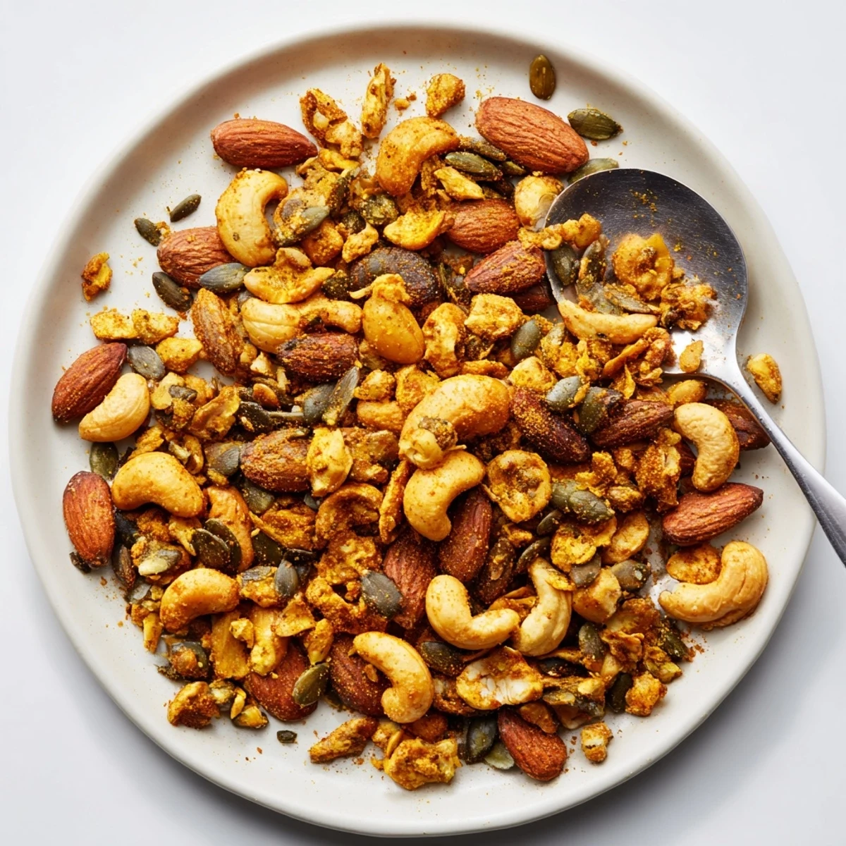 Homemade Spiced Nuts and Seeds Mix arranged in a rustic glass jar, showcasing a crunchy, nutrient-dense snack ideal for topping salads or enjoying as a healthy treat.