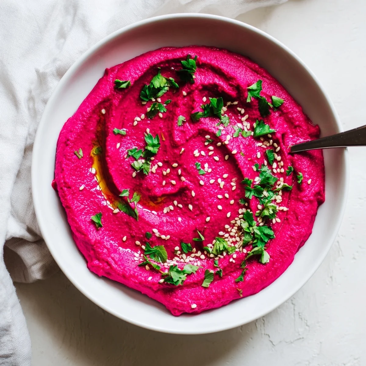 A vibrant bowl of Roasted Beet Hummus garnished with olive oil, parsley, and sesame seeds, perfect for dipping crisp vegetables.  
