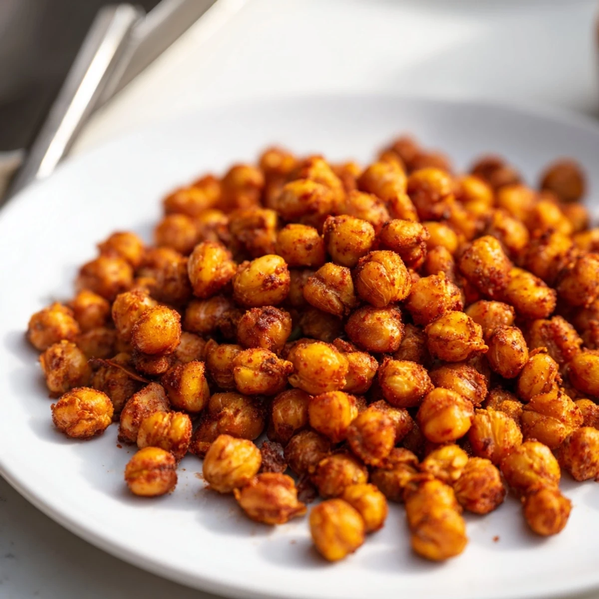 A handful of freshly roasted Crispy Chickpea Snack in a small white ramekin for snacking.