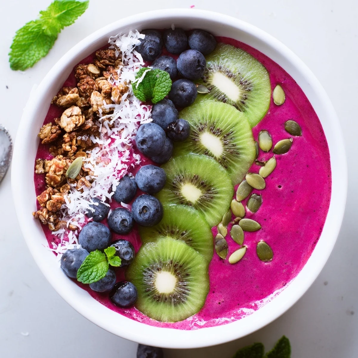 A vibrant bowl of Beet and Berry Smoothie Bowl topped with granola and fresh fruit.  