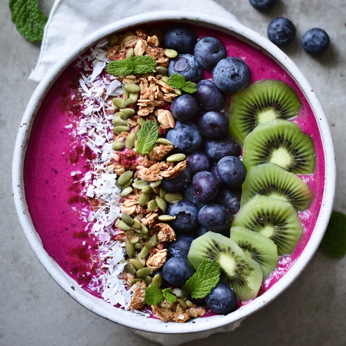 Thick Beet and Berry Smoothie Bowl garnished with kiwi, pumpkin seeds, and coconut.  