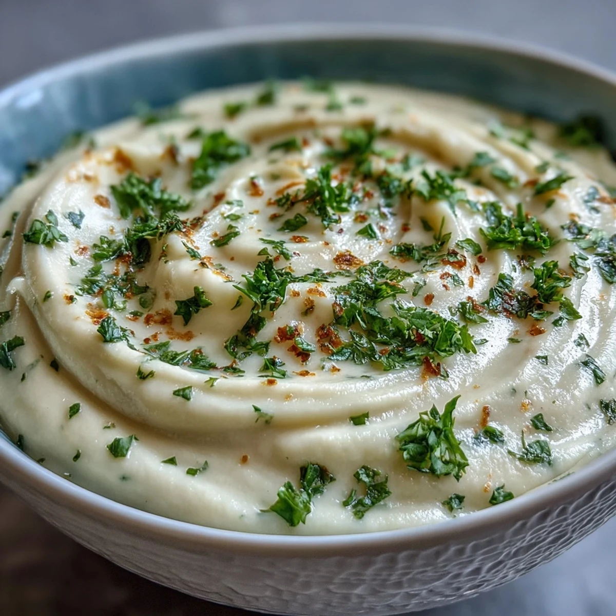 Creamy Vegetable Soup is ladled from a pot, revealing a smooth, velvety texture topped with fresh parsley.