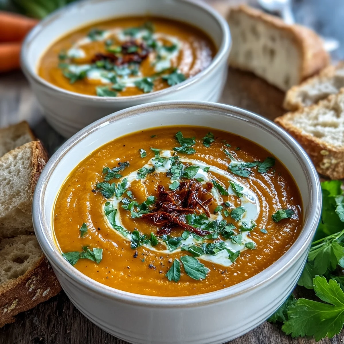 A bowl of vibrant Carrot, Celeriac and Chilli Soup garnished with fresh cilantro and a coconut yogurt swirl.