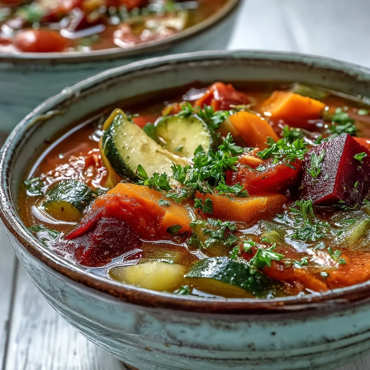 Brightly colored bowl of Rainbow Vegetable Detox Soup featuring beets, carrots, and zucchini.