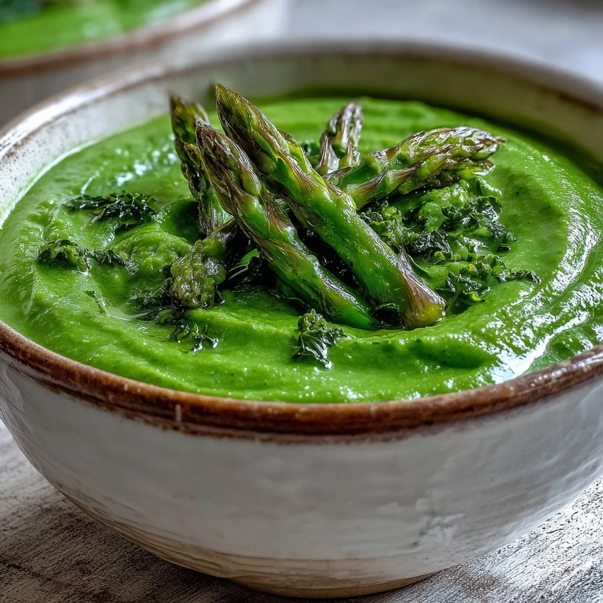 Vibrant Big Green Immunity-Boosting Vegetable Soup featuring asparagus and cashews, garnished with lemon zest and a drizzle of olive oil.