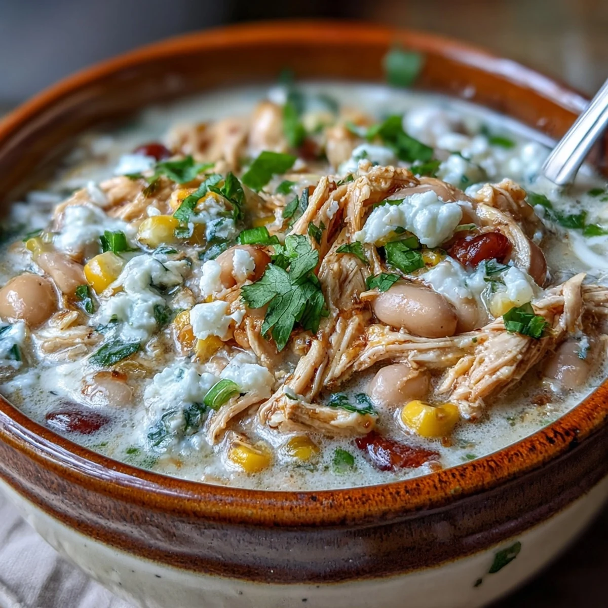 Creamy White Chicken Chili in a rustic bowl topped with fresh cilantro and shredded cheese.