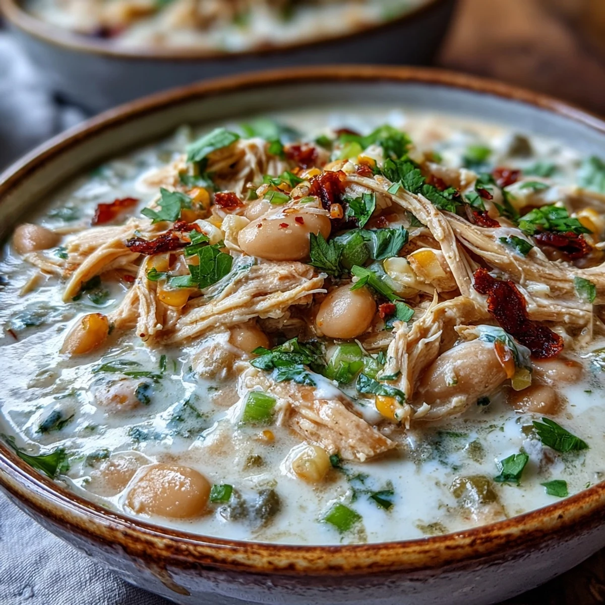 A hearty bowl of White Chicken Chili garnished with lime wedges and sliced green onions.