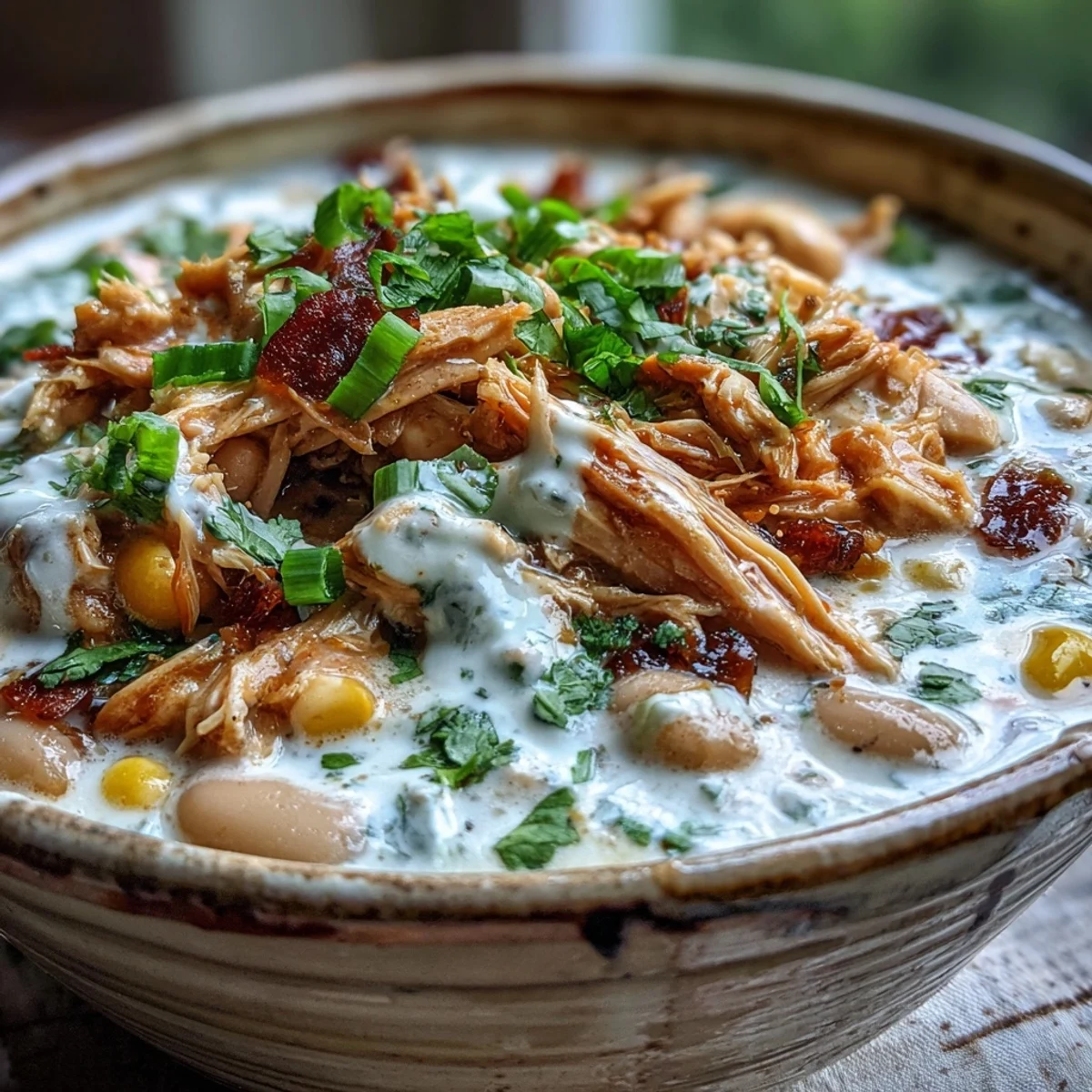 Homemade White Chicken Chili served steaming hot in a ladle next to tortilla chips.