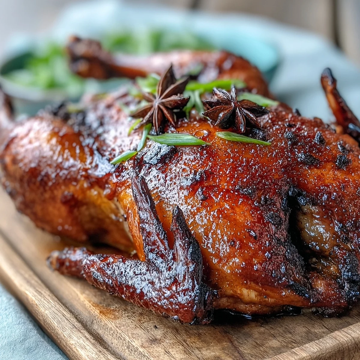 Five-Spice Roast Ducks resting on a roasting rack over aromatic orange slices and star anise after cooking.