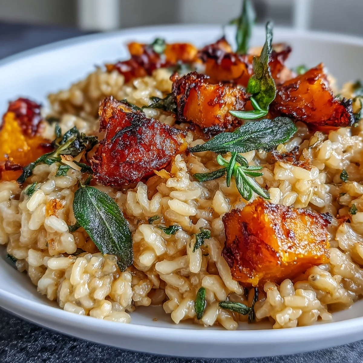 Creamy Vegan Pumpkin Risotto topped with crispy sage leaves served in a rustic white bowl.