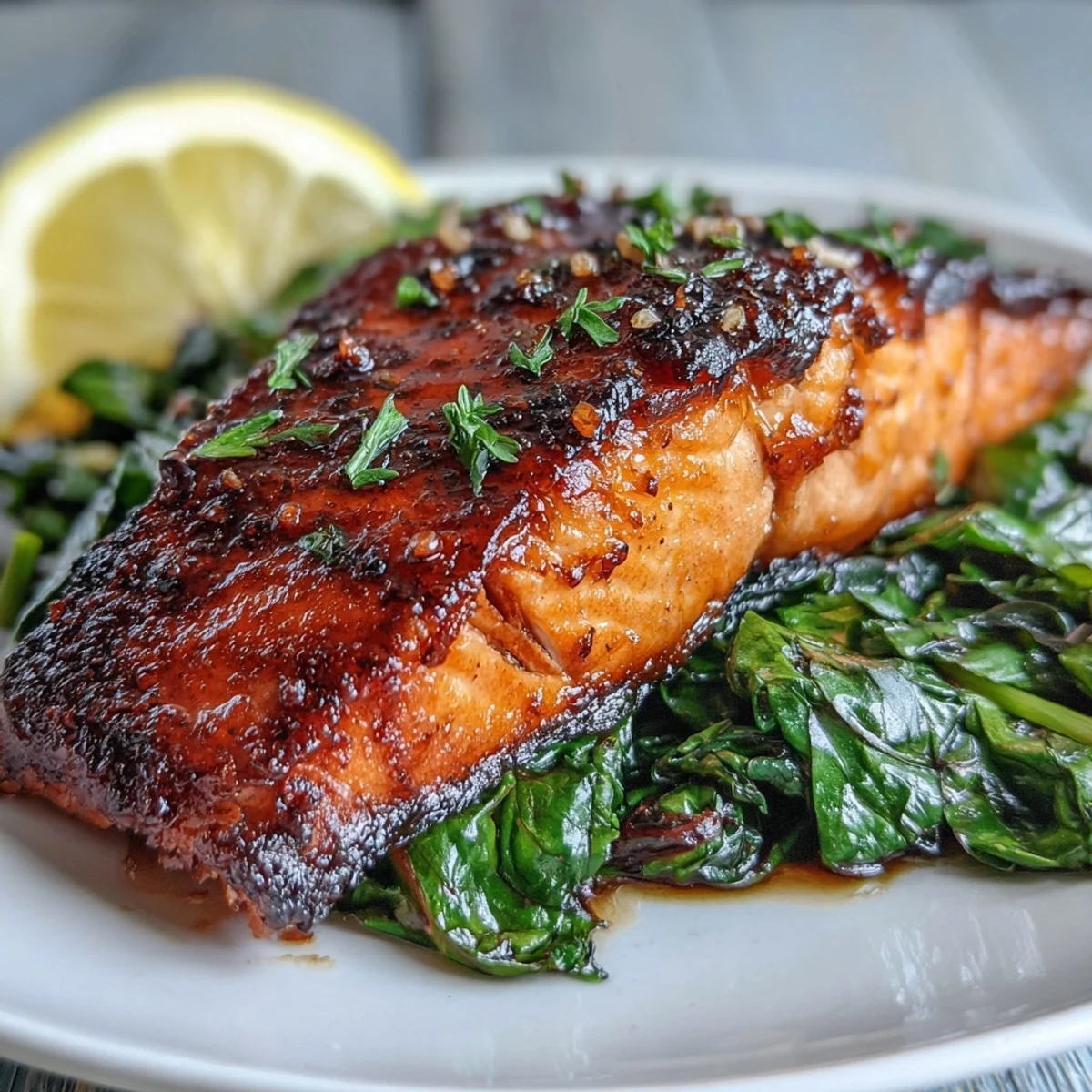 Crispy-skinned Air Fryer Salmon fillets rest atop vibrant, garlicky Swiss chard with a lemon wedge on the side.