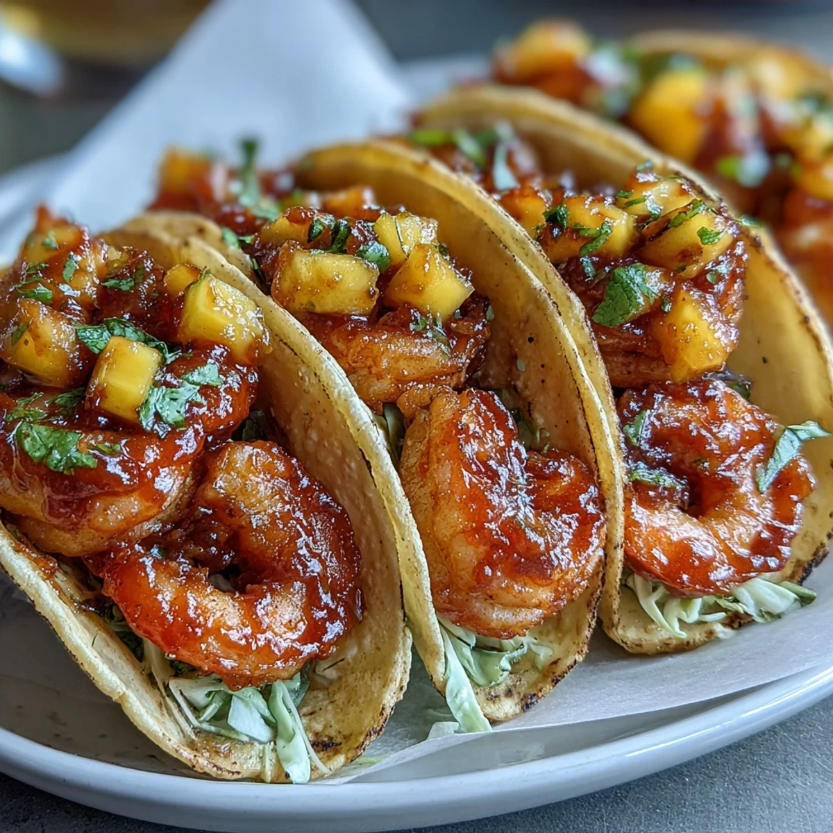 An overhead shot of Sriracha Shrimp Tacos with Mango Salsa in a skillet, highlighting the sweet and spicy glaze.
