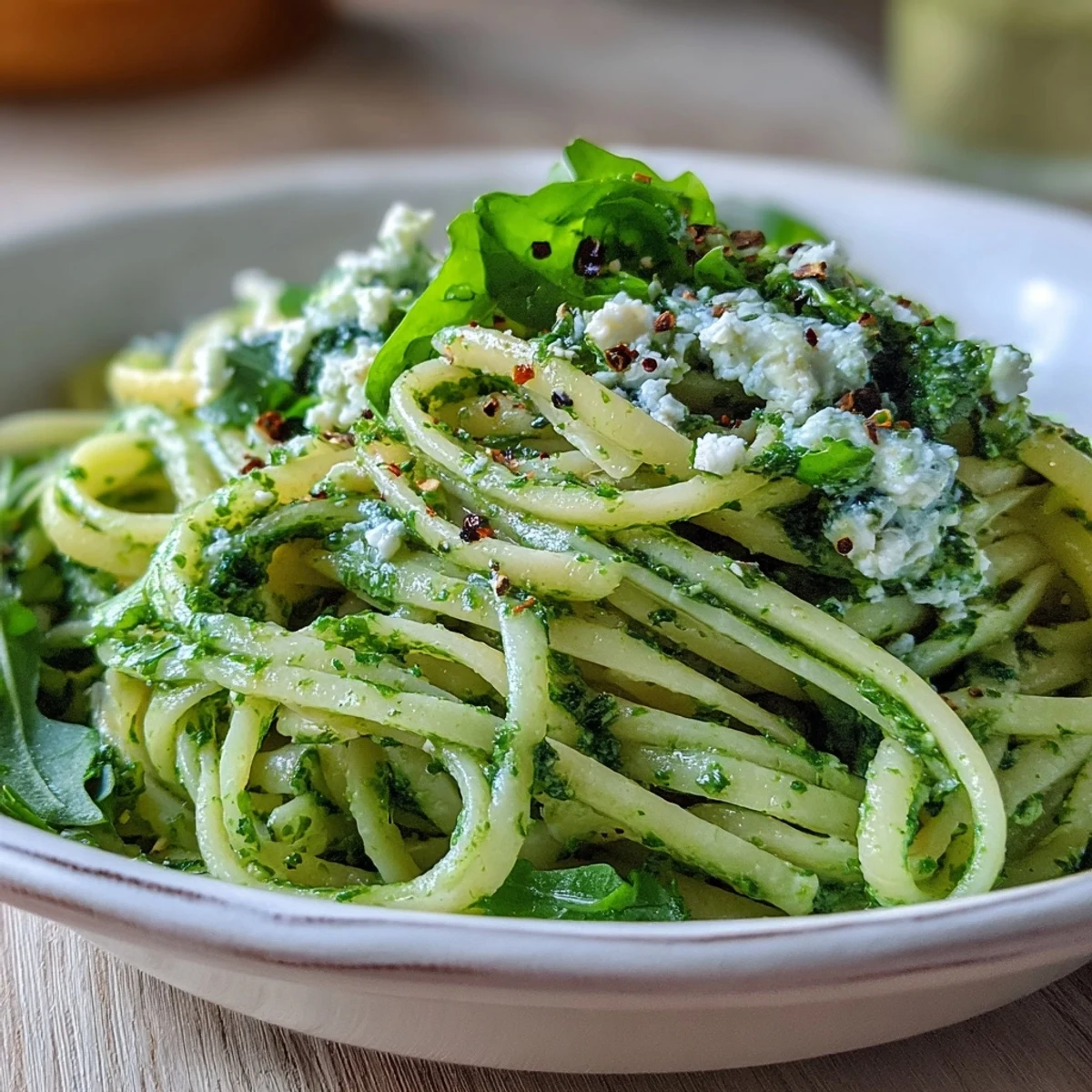 Steaming bowl of Linguine with Arugula Pesto topped with extra Parmesan and peppery arugula.