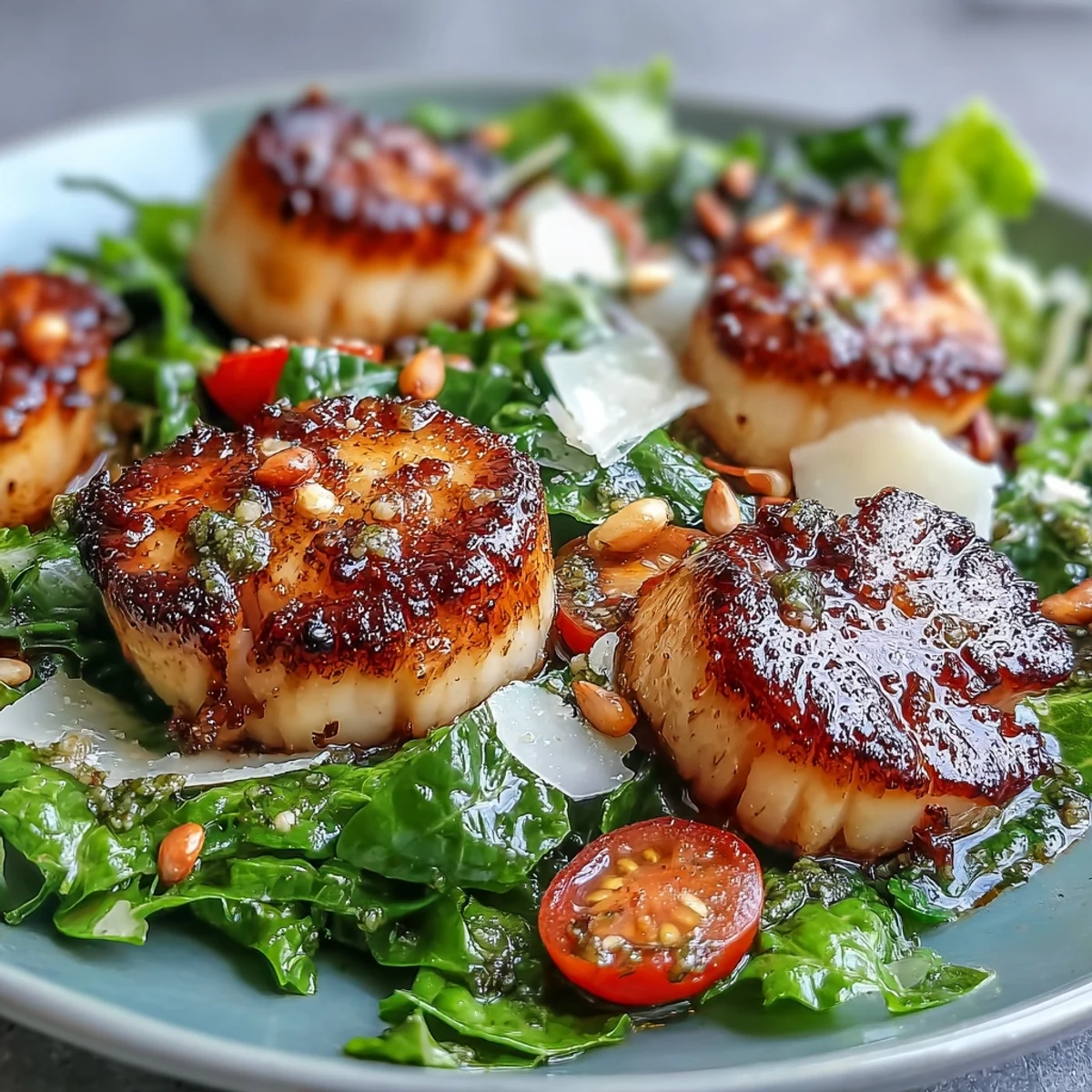 Golden seared scallops rest atop a bright escarole salad with cherry tomatoes, red onion, and shaved Parmesan.