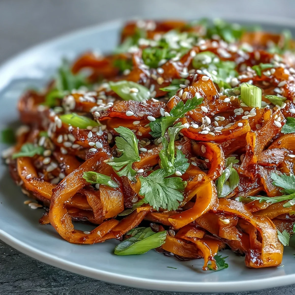 Golden roasted swede ribbons glisten with a spicy-sweet gochujang dressing tangled in chewy rice noodles.