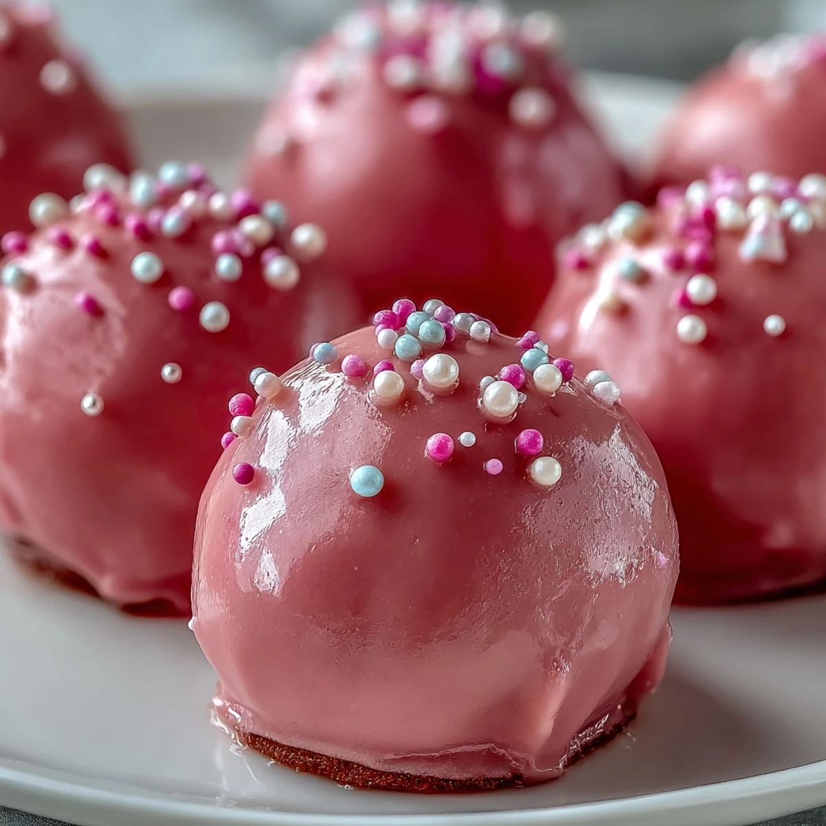 Sweet Oreo Truffle Balls with pink shells sit beside milk on a marble countertop for serving.