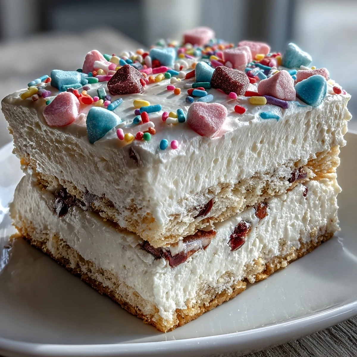 Candy Hearts Fake Cake is decorated with pastel hearts and rainbow sprinkles, served chilled on a white plate.