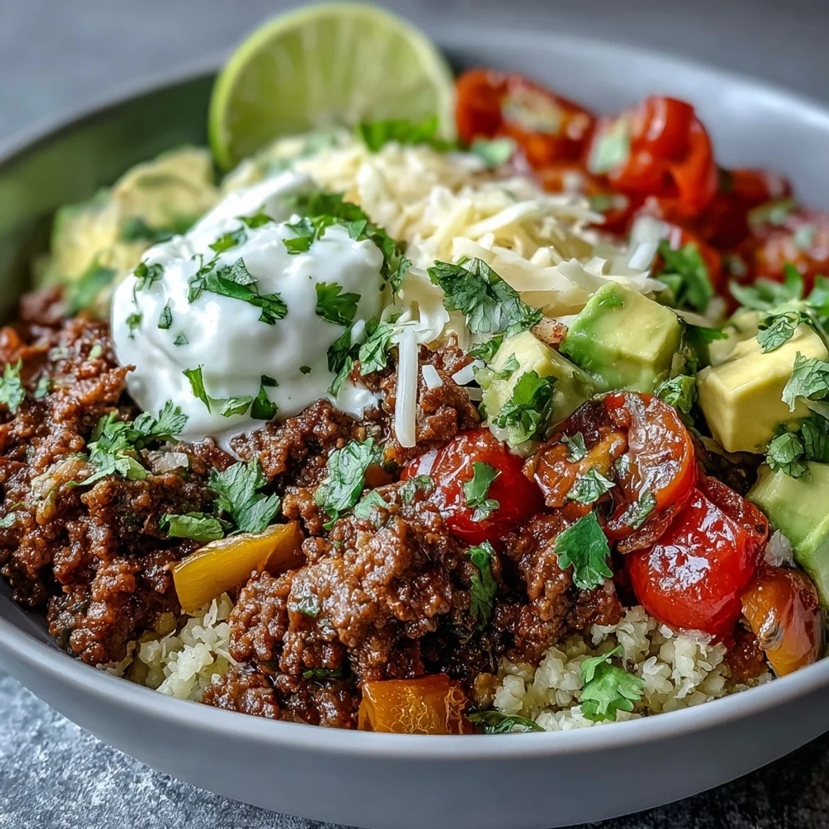 Sizzling ground beef with smoky spices mingles with buttery cauliflower rice in this Low Carb Burrito Bowl.