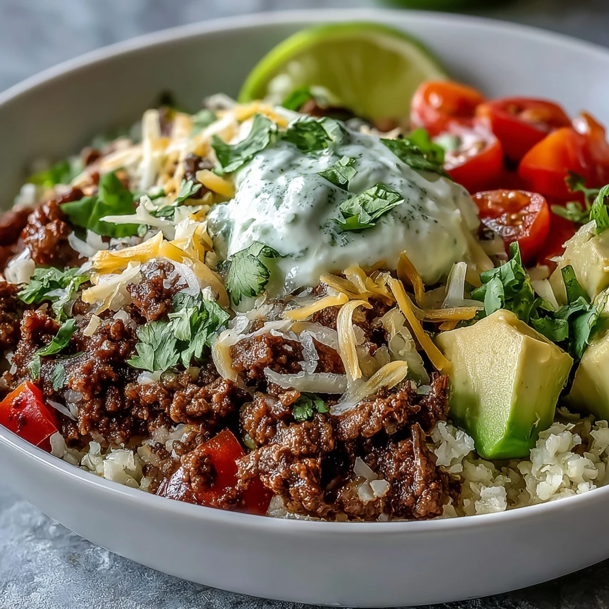 Romaine lettuce and juicy tomatoes cradle seasoned beef and cauliflower rice in a hearty Low Carb Burrito Bowl.