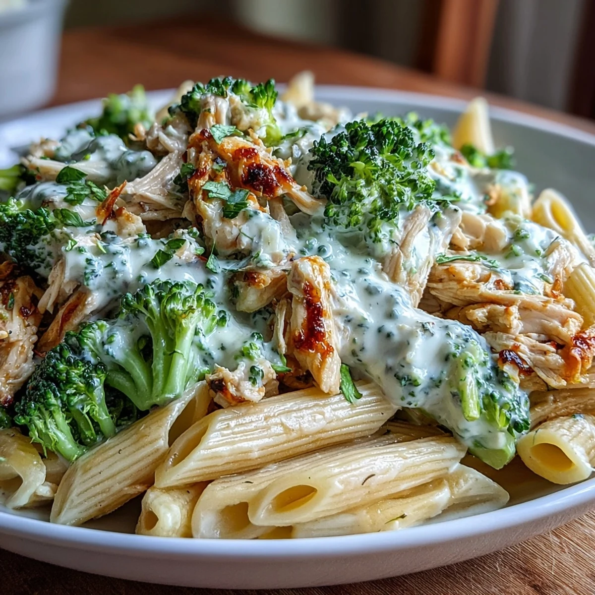 Bright broccoli florets and tender shredded rotisserie chicken tossed in creamy Greek yogurt sauce with whole-wheat penne.