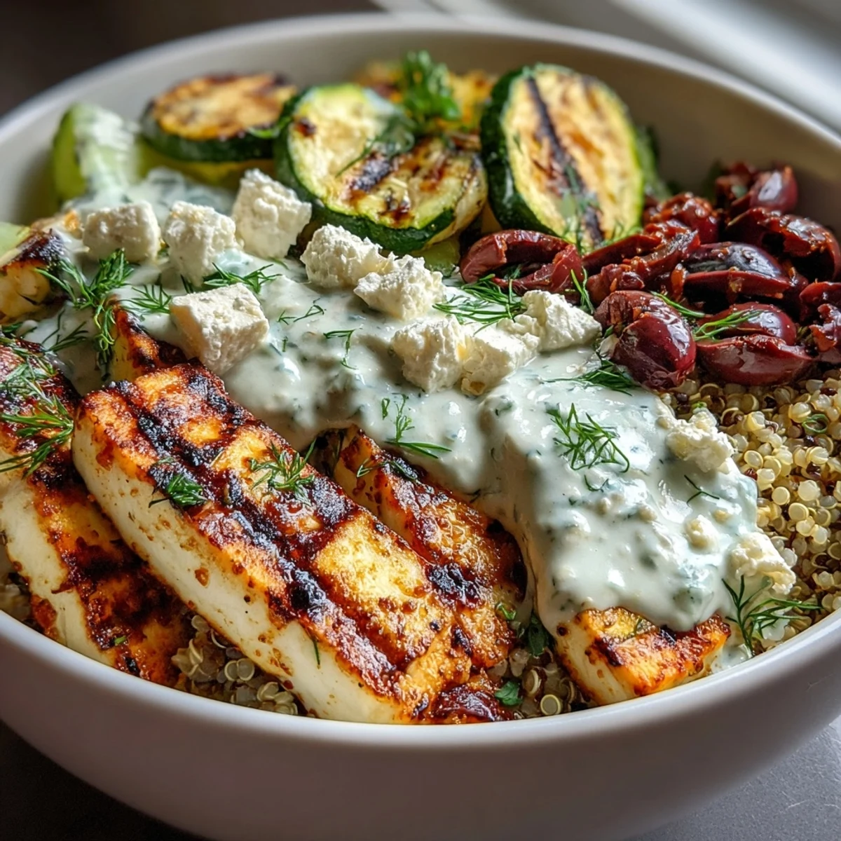 A vegetarian Healthy Grilled Mediterranean Bowl with smoky halloumi, grilled zucchini, eggplant, and bell peppers on quinoa, drizzled with cool tzatziki and olives.