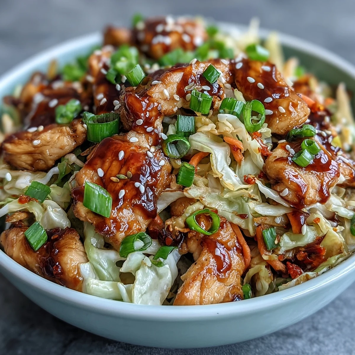 A wholesome serving of Egg Roll Bowls with Chicken and Cabbage, garnished with sesame seeds and fresh scallions on a rustic plate.