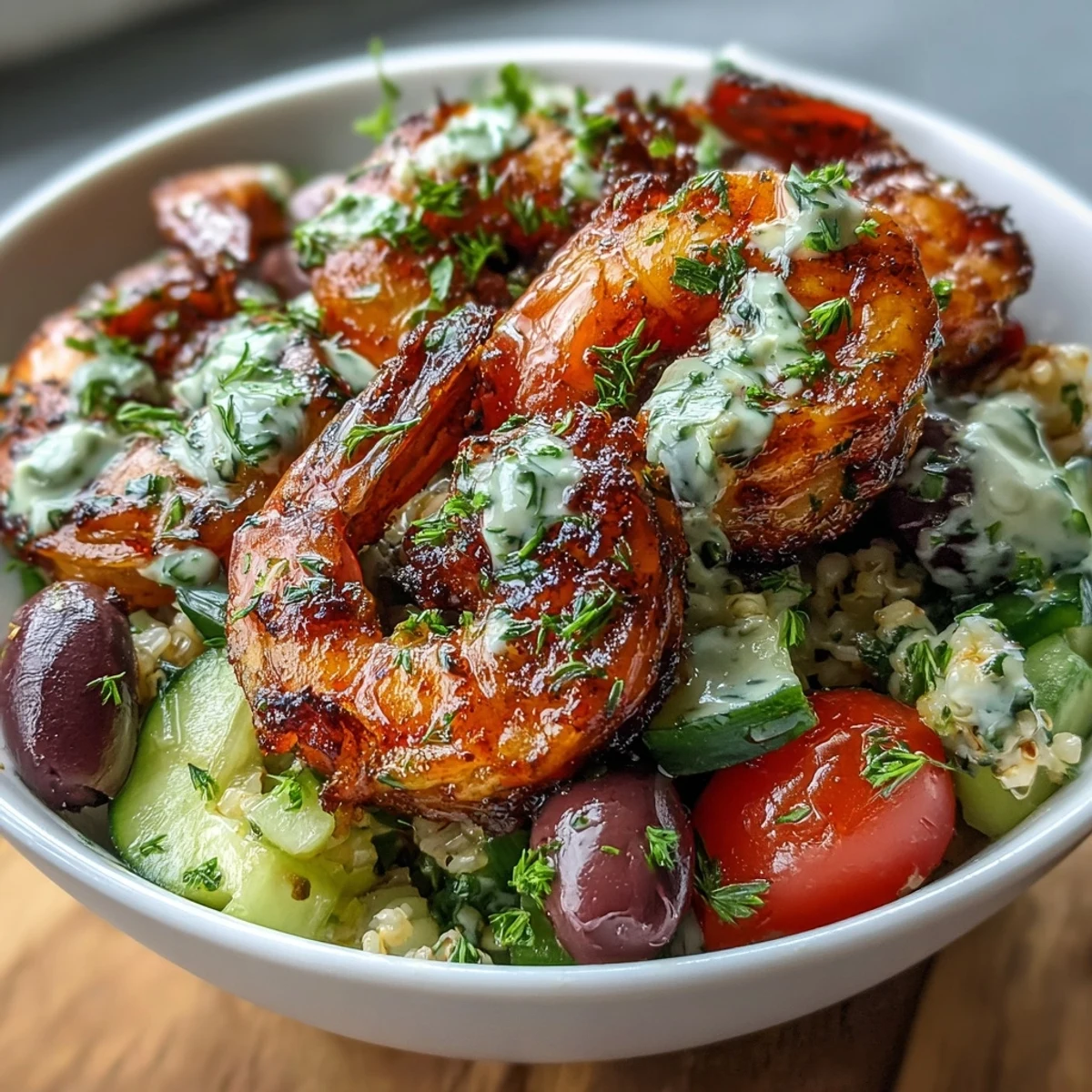 Succulent shrimp atop quinoa, cherry tomatoes, and cucumber in a Mediterranean Shrimp Bowl with creamy tahini drizzle.
