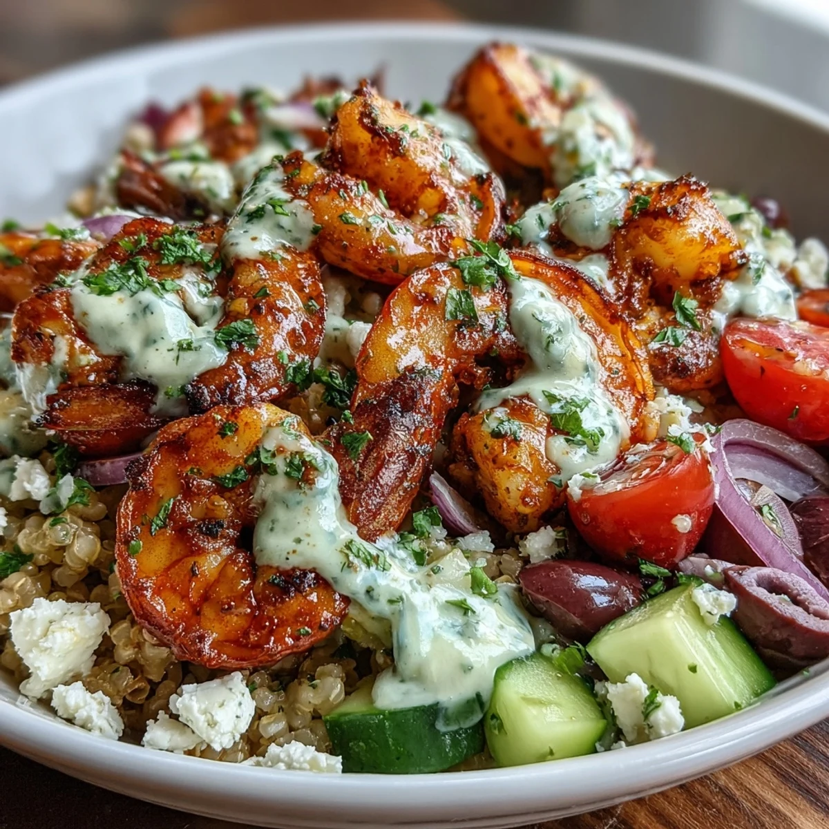 A vibrant Mediterranean Shrimp Bowl featuring sautéed shrimp, grains, and veggies with tahini sauce, ready to serve.