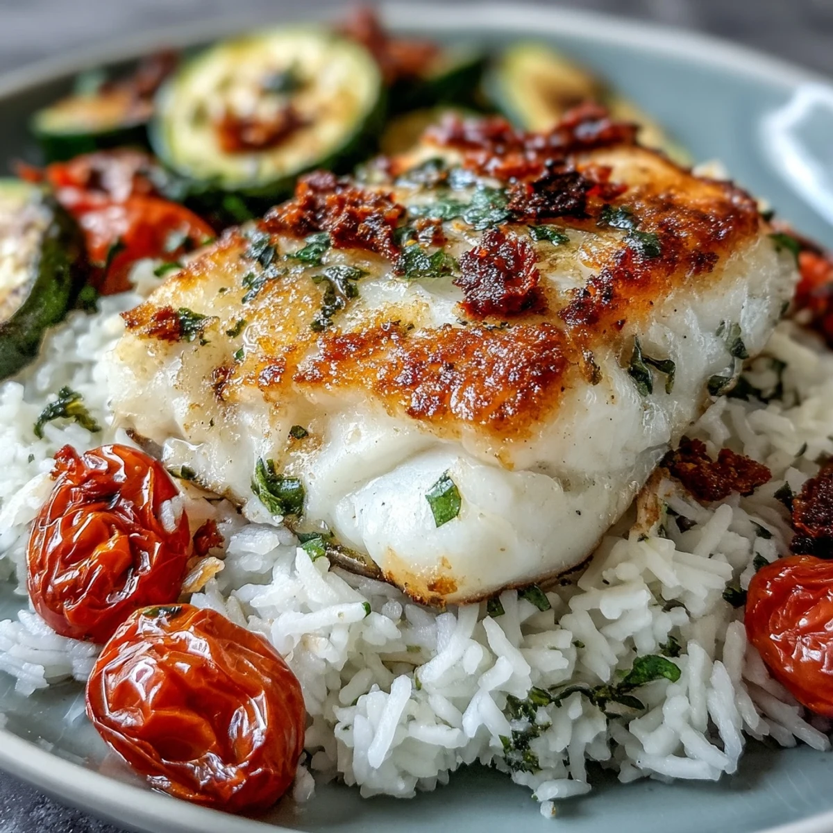 Close-up of perfectly seared white fish resting on fluffy jasmine rice, surrounded by roasted zucchini, red bell peppers, and cherry tomatoes, all drizzled with a bright lemon-garlic sauce.