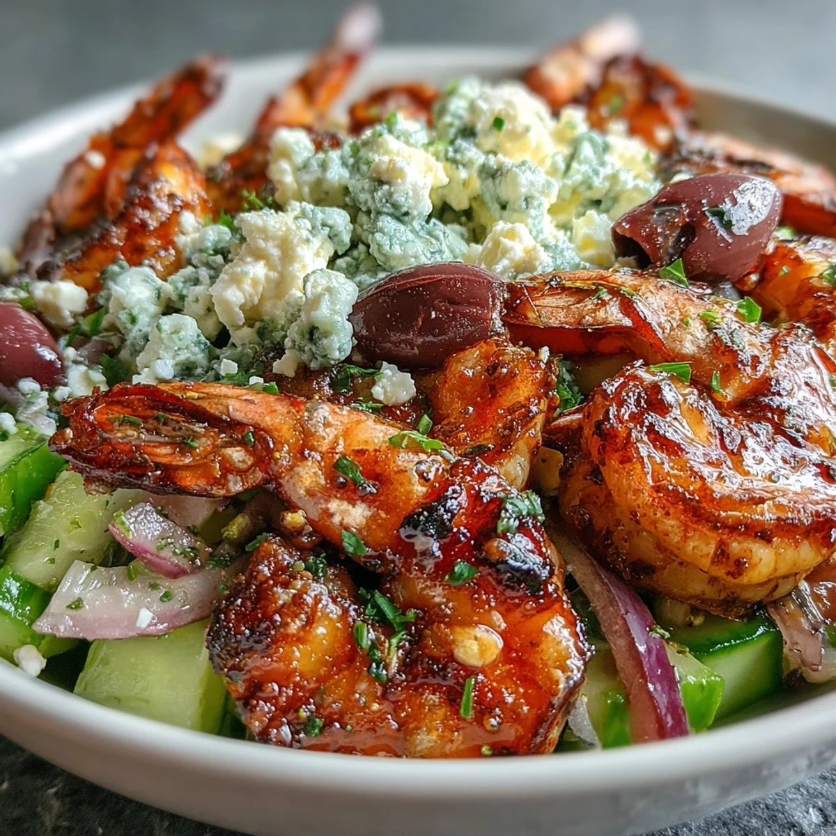 Savory Greek Shrimp Bowl served over mixed greens with a drizzle of tangy lemon dressing and crumbled feta.